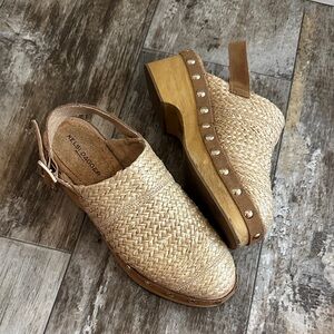 Kelsi Dagger Tan Woven Mules with Studded Heel